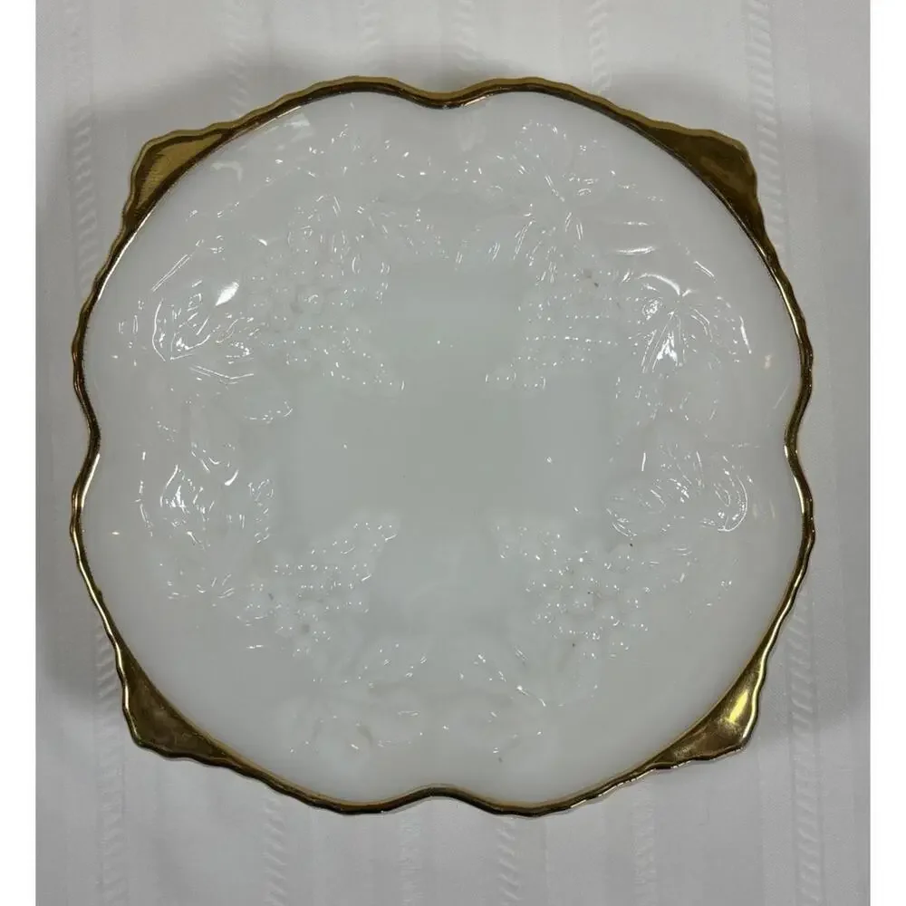 Anchor Hocking Milk Glass Harvest Grape Bowl w/ Gold Trim 9” Vintage